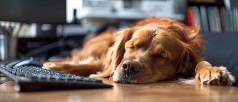 ai gegenereerd in een inclusief, Huisdiervriendelijk werkplek, een hond comfortabel rust naast een kantoor bureau. foto