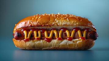 ai gegenereerd een heet hond met mosterd en ketchup detailopname Aan minimalistisch achtergrond. gemaakt met generatief ai foto