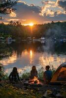 ai gegenereerd familie camping reis vieren Victoria dag, natuur, vreugdevuur, tenten, in de buurt een meer, buitenshuis avontuur, patriottisch foto