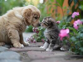 ai gegenereerd kat en hond snuiven elk ander, begin van een mooi vriendschap. foto