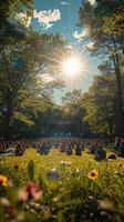 ai gegenereerd concert in de park voor Victoria dag, leven muziek, gemeenschap bijeenkomst, buitenshuis, vieren Canadees erfgoed en patriottisme. foto