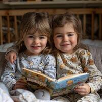 ai gegenereerd verwanten door adoptie verdiept in een verhalenboek in een comfortabel slaapkamer foto