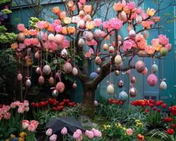 ai gegenereerd bloeiend Pasen tuin tafereel - ei boom met geschilderd eieren, linten, tulp luifel foto