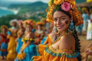 ai gegenereerd traditioneel festival, lokale bevolking in kostuum, dans en muziek- vulling lucht foto