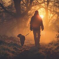ai gegenereerd huisdier en eigenaar genieten een rustig wandeling Bij zonsopkomst, een moment van binding. foto