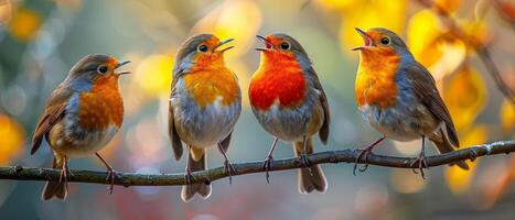 ai gegenereerd vrolijk huisdier vogels, hun tsjilpen harmonisch en muzikaal, creëren een verrukkelijk atmosfeer. foto