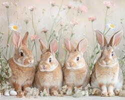 ai gegenereerd gepersonaliseerd Pasen wensen - handgemaakt kaarten met waterverf konijntjes en voorjaar bloemen foto