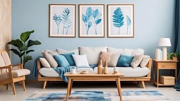 ai gegenereerd knus blauw botanisch leven kamer met bank, kamerplanten, ontspannende atmosfeer foto