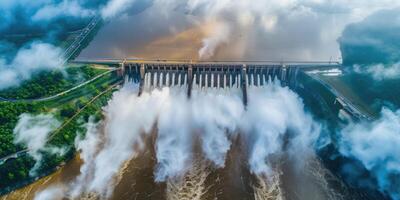 ai gegenereerd generatief ai, hydro-elektrisch dam gebruik maken van de stromen van water naar produceren duurzame energie, macht station, antenne visie foto