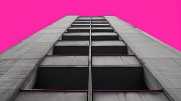 ai gegenereerd generatief ai, brutalisme stijl beton gebouw, roze en grijs kleuren, in de stijl van neo-concretisme, midden in de eeuw modern buitenkant foto