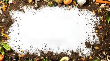 ai gegenereerd generatief ai, kader van voedsel verspilling compost en bodem, milieu concept, wit achtergrond, biologisch afbreekbaar keuken afval, composteren biologisch voedsel foto