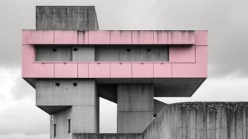 ai gegenereerd generatief ai, brutalisme stijl beton gebouw, roze en grijs kleuren, in de stijl van neoconcretisme, midden in de eeuw modern buitenkant foto