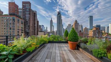 ai gegenereerd generatief ai, op het dak tuin in een hoogbouw gebouw, stedelijk landbouw, groen ruimtes, duurzame leven, milieuvriendelijk, horizon foto