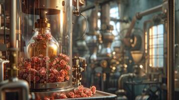 ai gegenereerd generatief ai, essentieel olie extractie met distilleerderij machine met roos bloemen foto