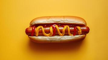 ai gegenereerd een heet hond met mosterd en ketchup detailopname Aan minimalistisch achtergrond. gemaakt met generatief ai foto