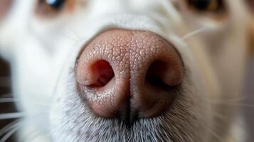 ai gegenereerd gedetailleerd detailopname van een schattig honden roze neus- met wit harig snuit in zacht focus achtergrond foto