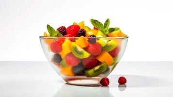ai gegenereerd fruit salade in een glas kom Aan een wit achtergrond. foto