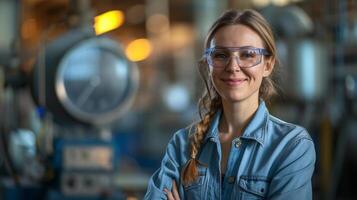 ai gegenereerd glimlachen vrouw arbeider in modern industrieel milieu werken foto
