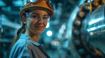 ai gegenereerd glimlachen vrouw arbeider in modern industrieel milieu werken foto