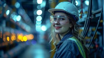 ai gegenereerd glimlachen vrouw arbeider in modern industrieel milieu werken foto