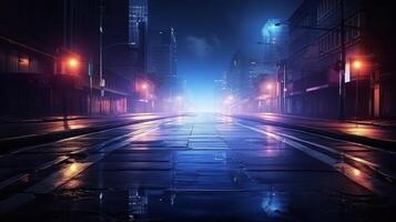 ai gegenereerd regen weg nat asfalt reflectie van neon lichten foto