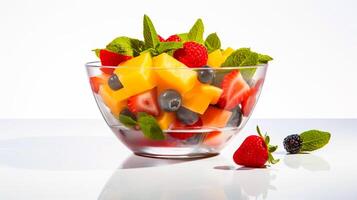 ai gegenereerd fruit salade in een glas kom Aan een wit achtergrond. foto
