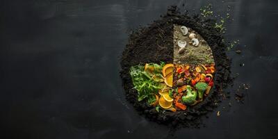 ai gegenereerd generatief ai, voor de helft van voedsel verspilling compost en voor de helft van bodem, milieu achtergrond, biologisch afbreekbaar keuken afval, composteren biologisch voedsel foto