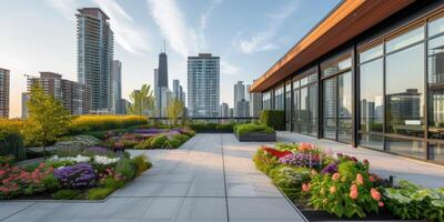 ai gegenereerd generatief ai, op het dak tuin in een hoogbouw gebouw, stedelijk landbouw, groen ruimtes, duurzame leven, milieuvriendelijk, horizon foto