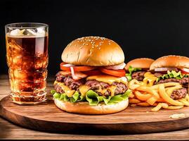 ai gegenereerd smakelijk hamburger met kaas en salade Aan donker achtergrond foto