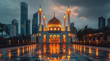 ai gegenereerd mooi moskee in de midden- van de stad Bij nacht. Islamitisch achtergrond foto
