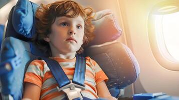 ai gegenereerd ouders beveiligen kinderen in vliegtuig stoelen met veiligheid apparaten foto