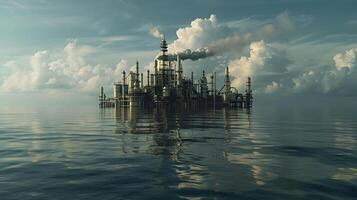 ai gegenereerd offshore olie tuigage in futuristische industrieel landschap foto