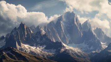 ai gegenereerd gekarteld pieken en een panoramisch visie van hoog hoogte foto