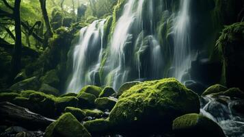 ai gegenereerd mos gedekt keien en een waterval in een groen landschap foto