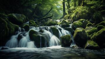 ai gegenereerd bemost keien en een waterval in een Woud instelling foto