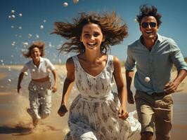 ai gegenereerd een gelukkig familie lachend en achtervolgen elk andere Aan de strand. generatief ai foto