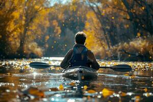 ai gegenereerd een persoon kajakken Aan de herfst rivier. generatief ai foto