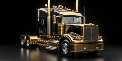 ai gegenereerd luxe zwart en goud semi vrachtauto Aan zwart achtergrond. lading levering vrachtwagen. generatief ai foto