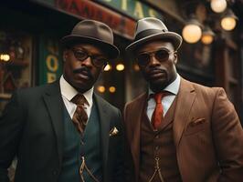 ai gegenereerd portret van mannelijk Afrikaanse Amerikaans Mens in wijnoogst kleren. gangster groep in 1920. generatief ai foto