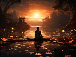 ai gegenereerd een persoon mediteren met een mystiek en mooi visie. beoefenen yoga alleen. generatief ai foto