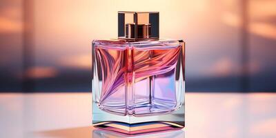 ai gegenereerd exotisch parfum fles ontwerp met kleurrijk vloeistof binnen Aan helling achtergrond. generatief ai foto
