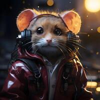 ai gegenereerd cyberpunk muis vervelend jasje en koptelefoon, terwijl luisteren naar muziek. schattig muizen illustratie. generatief ai foto