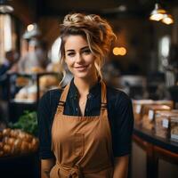 ai gegenereerd portret van vrouw barista glimlachen terwijl vouwen handen in koffie winkel. vrouw vervelend schort. generatief ai foto