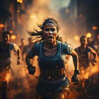 ai gegenereerd een vrouw atleet loopt Aan een bijhouden met energiek licht Effecten achter. Dames in marathons. generatief ai foto