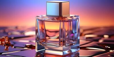 ai gegenereerd exotisch parfum fles ontwerp met kleurrijk vloeistof binnen Aan helling achtergrond. generatief ai foto