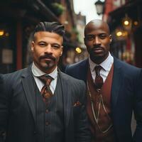 ai gegenereerd portret van mannelijk Afrikaanse Amerikaans Mens in wijnoogst kleren. gangster groep in 1920. generatief ai foto
