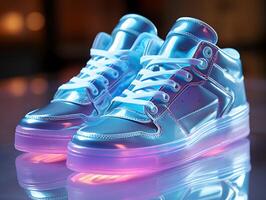 ai gegenereerd futuristische en kleurrijk holografische schoenen met gloed effect. koel schoenen. generatief ai foto