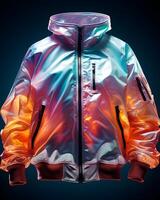 ai gegenereerd kleurrijk holografische chroom jasje. iriserend metalen capuchon. generatief ai foto