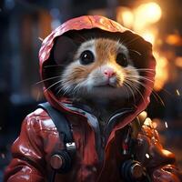 ai gegenereerd cyberpunk muis vervelend jasje en koptelefoon, terwijl luisteren naar muziek. schattig muizen illustratie. generatief ai foto