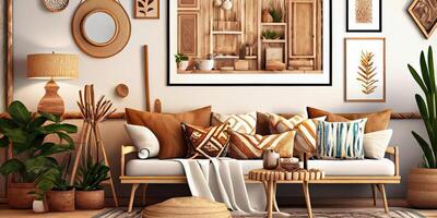 elegant Scandinavisch leven kamer met ontwerp munt bank, meubels, bespotten omhoog poster kaart, planten en elegant persoonlijk accessoires. modern huis decor. helder en zonnig kamer. generatief ai illustratie. foto